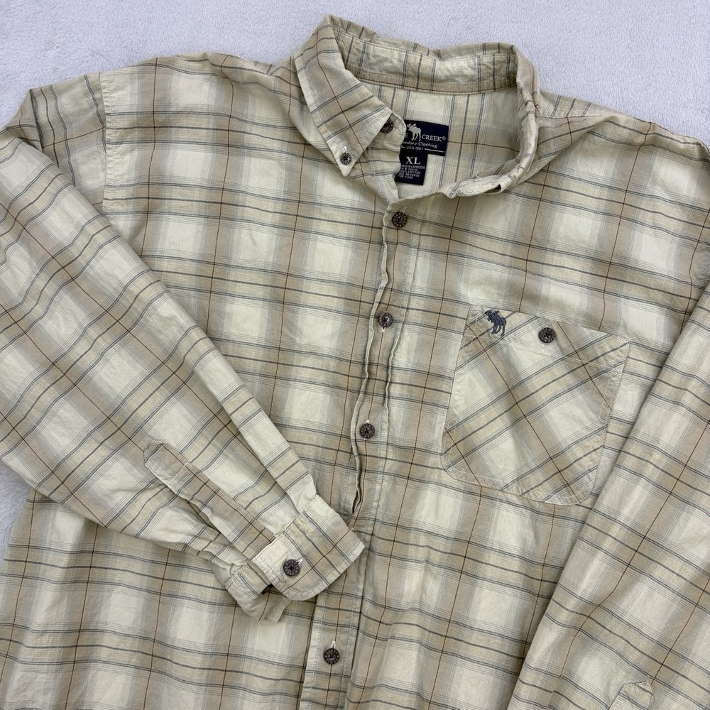 Moose Creek Shirt Mens XL Beige Flannel Plaid Front Pocket Long Sleeve Cotton